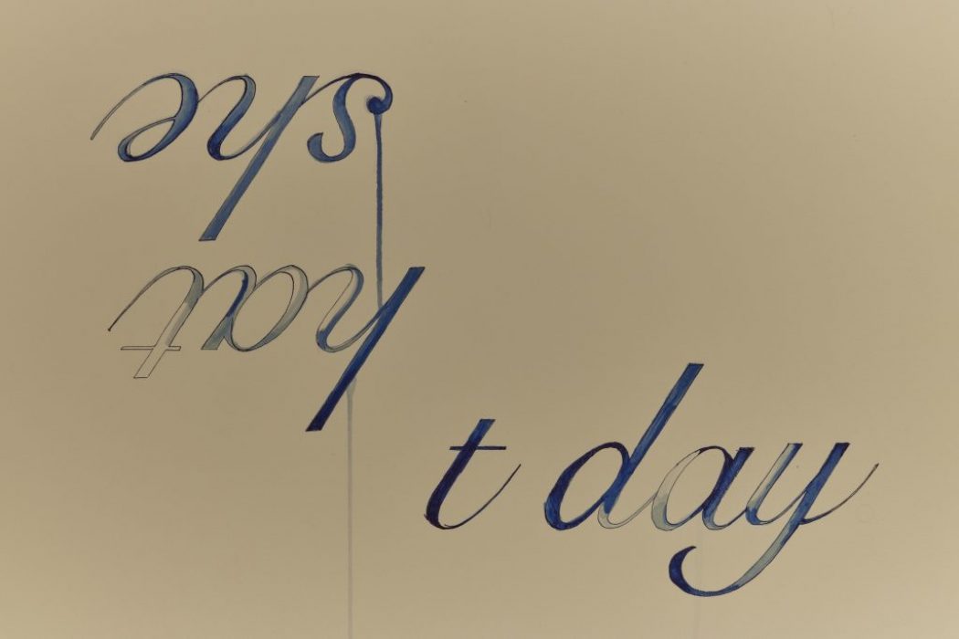 The image features the stylized text "t day" in cursive, with the mirrored and inverted phrase "hat she" positioned above it. The design appears artistic and ornate in nature.
