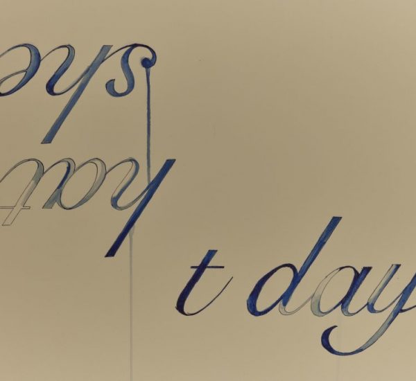 The image features the stylized text "t day" in cursive, with the mirrored and inverted phrase "hat she" positioned above it. The design appears artistic and ornate in nature.