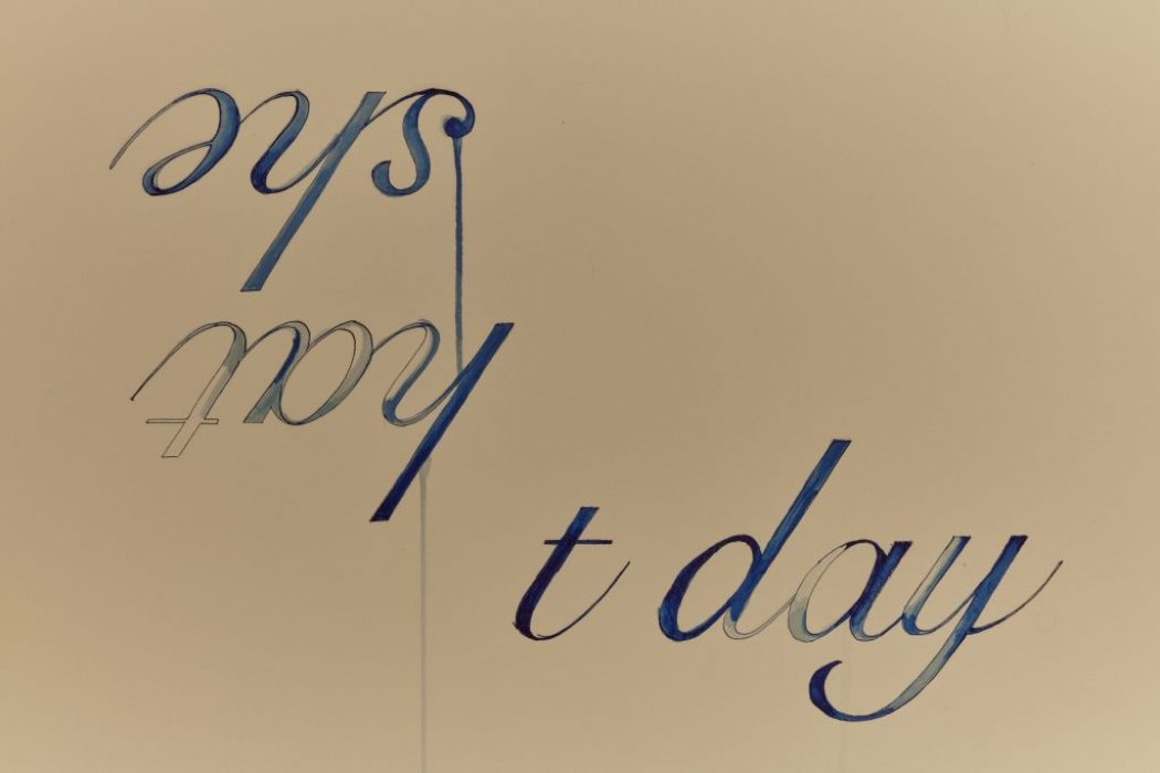 The image features the stylized text "t day" in cursive, with the mirrored and inverted phrase "hat she" positioned above it. The design appears artistic and ornate in nature.
