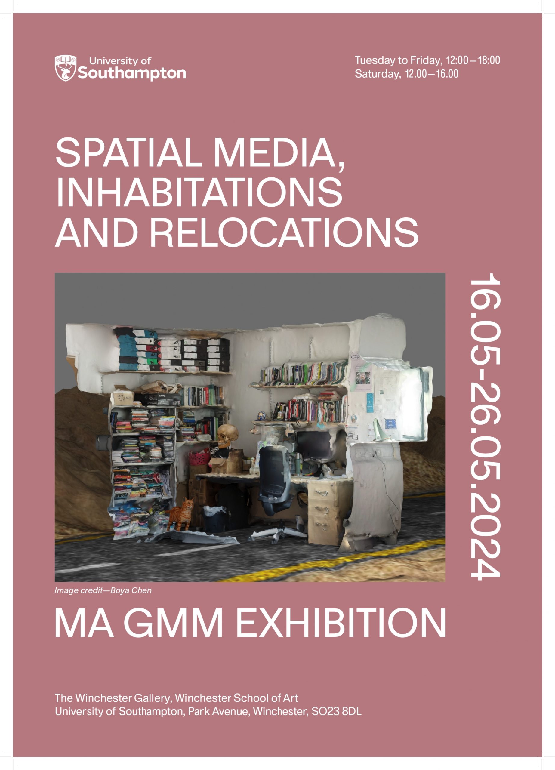 The poster features the title “Spatial Media, Inhabitations and Relocations” with exhibition dates 16.05–26.05.2024 and details for the MA GMM Exhibition at The Winchester Gallery. The central image shows an installation resembling a room with shelves of books and furniture, surrounded by a pink border with University of Southampton branding and opening times.