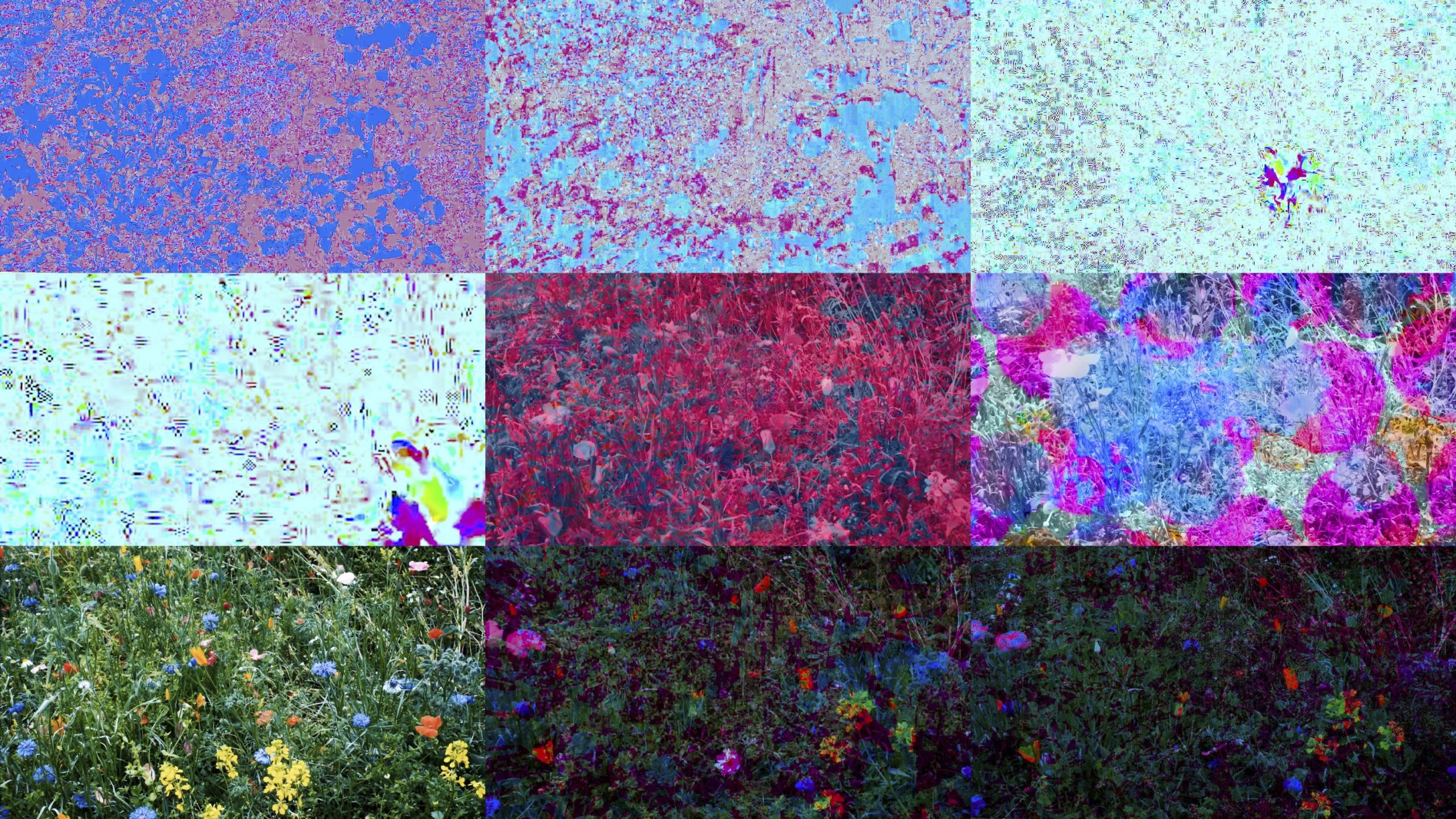 A collage of nine panels displays abstract and textured patterns in bright colors, transitioning from pixelated blue and purple tones to vibrant floral imagery and natural wildflowers.