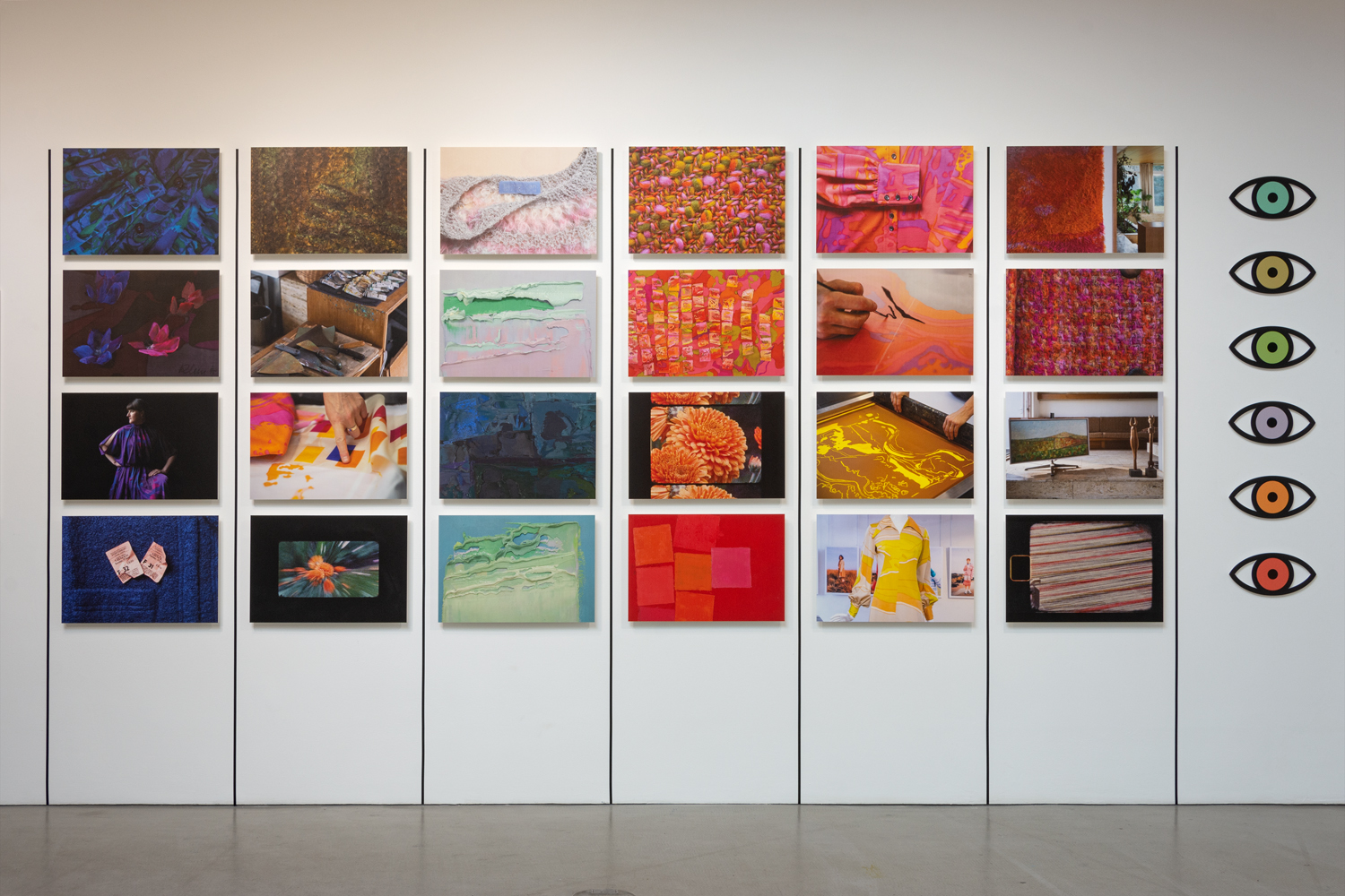 A gallery wall features a grid of vibrant photographs showing textiles, patterns, and studio processes in bright colours. To the right, a vertical row of stylised eye motifs in different colours is displayed.