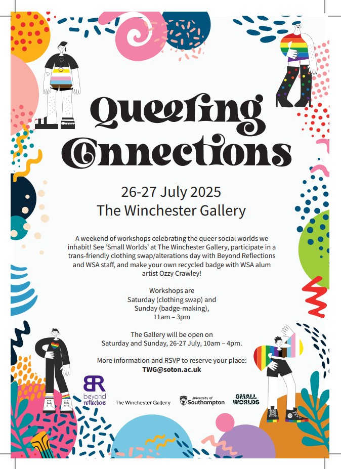 A poster titled Queering Connections features stylised, overlapping geometric shapes and abstract line patterns alongside blocks of text describing an event on queer relationships, identities, and community. The layout is modern and colourful, with a central headline and detailed information arranged beneath it.