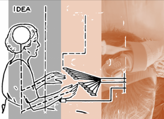 A collage combines a line‑drawing of a person labelled “IDEA” with a schematic diagram of hands operating a device, overlaid on a tinted photograph of someone using a headset. Vertical colour bands in grey, peach and orange divide the composition.