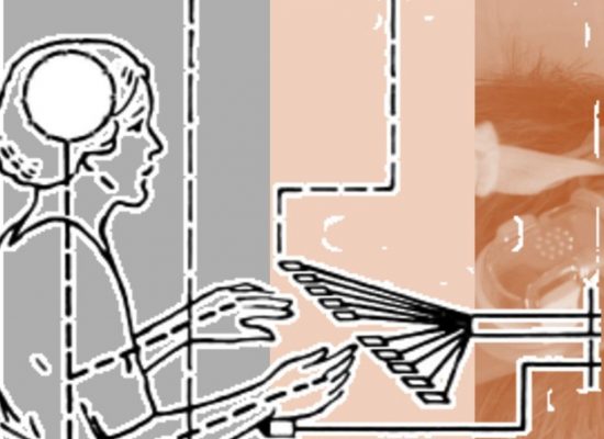 A collage combines a line‑drawing of a person labelled “IDEA” with a schematic diagram of hands operating a device, overlaid on a tinted photograph of someone using a headset. Vertical colour bands in grey, peach and orange divide the composition.