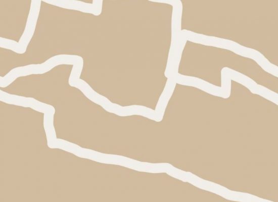 A beige graphic features an irregular, hand‑drawn white outline resembling a loose map or pathway shape. The line curves and angles across the centre of the image on a plain background.