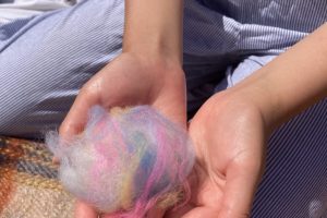 A pair of hands holds a bundle of colourful wool fibres while sitting on a picnic blanket in a grassy outdoor setting. The fibres are blended in shades of pink, blue, yellow and white.