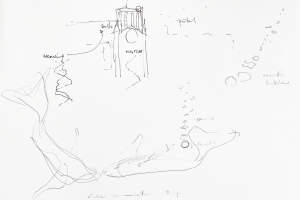 Concept sketch combining a church bell tower, weaving patterns, whale-like forms and bubble shapes, connected by handwritten notes and flowing lines. The drawing maps relationships between sound, bells, whales and communication.