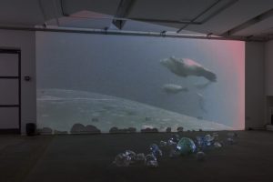 A dark gallery installation features clear and green glass forms arranged across the floor beneath a large underwater video projection. The projection shows marine animals swimming above the seabed in blue-grey water.