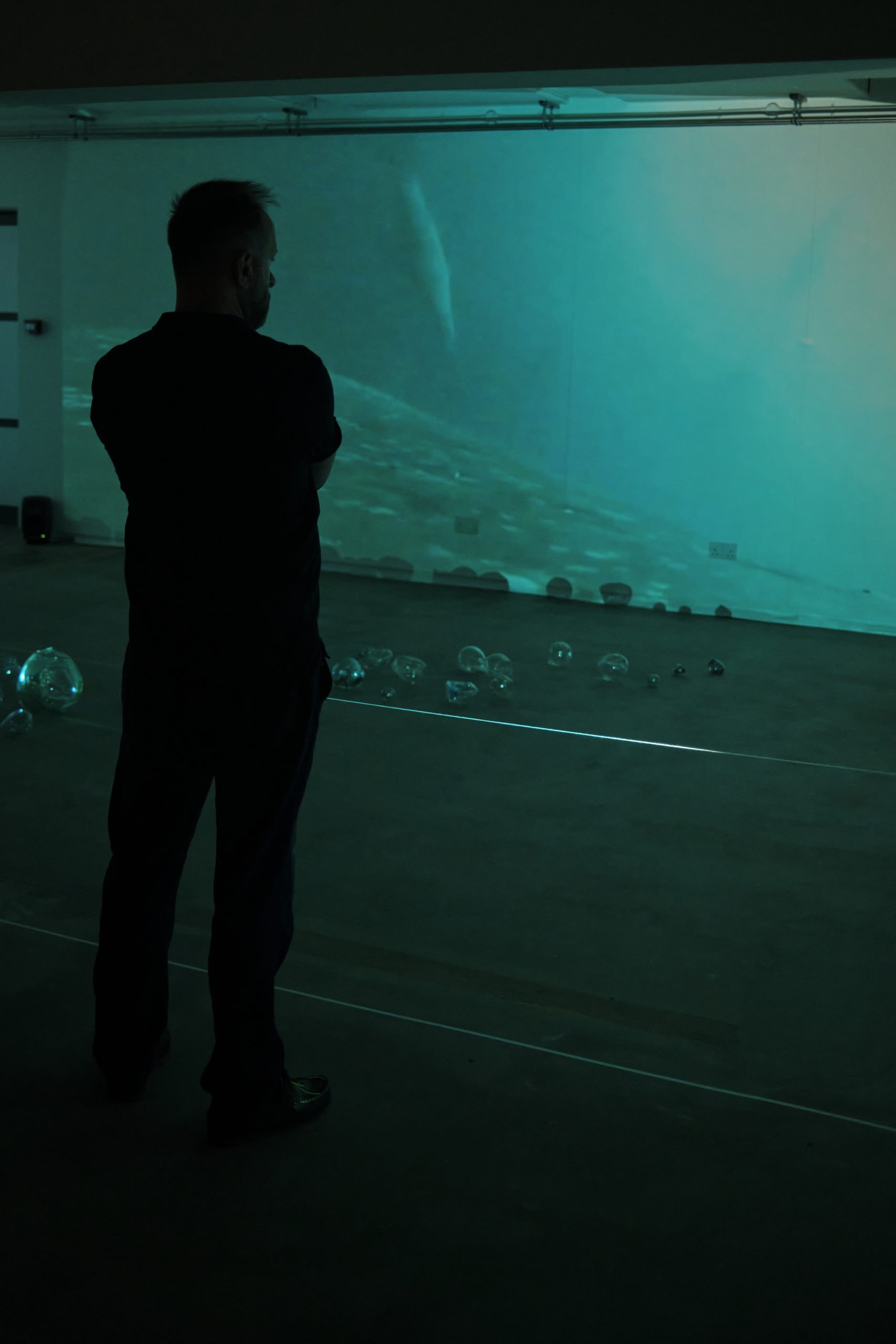 A visitor stands in silhouette within a dark gallery, viewing an immersive blue-green video projection. Small glass sculptures are arranged across the floor beneath the projected imagery.